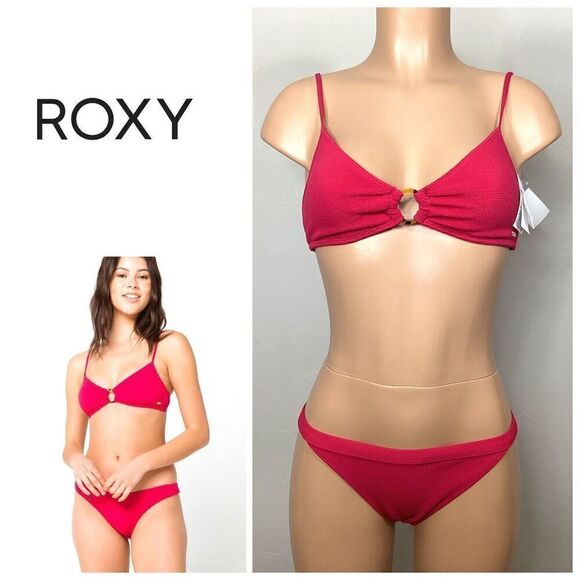 New. ROXY cerise textured bikini set. M- top/L-bottom. Retails $119 - Picture 1 of 13
